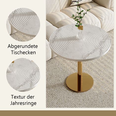 Table à manger ronde 80 cm, plateau MDF motif anneaux aspect marbre blanc, cadre en métal doré, table moderne (1/5)