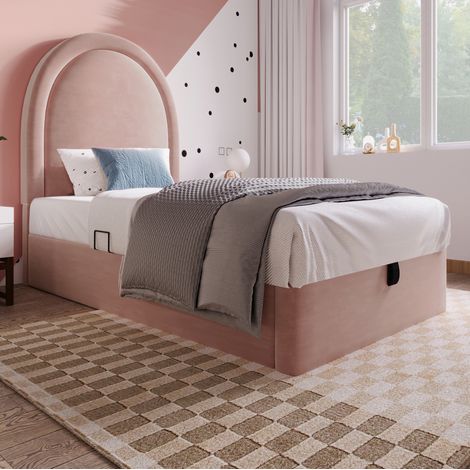 Cama infantil tapizada 90x190 con almacenaje rosa OKMYHOME (1/5)