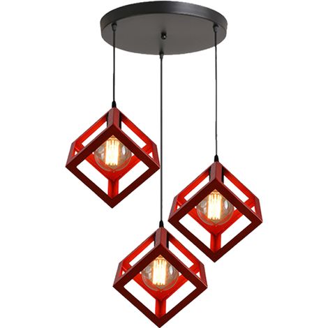 Pendelleuchte Würfel 3 Flammig Kronleuchter mit Metall Käfig Vintage Hängelampe im Industri Stil E27 Fassung Art Lampen Decor für Wohnzimmer Esszimmer (Rot)