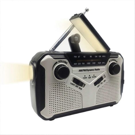 Radio d'urgence solaire à manivelle, radio AM/FM, lampe torche LED, alarme SOS, batterie externe, haut-parleur gris (1/5)
