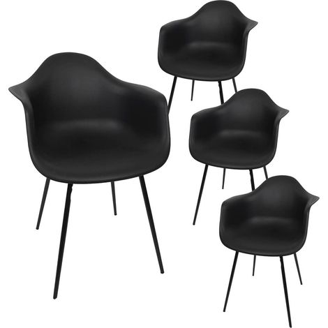 OMER - Lot de 4 Chaises Coque Accoudoirs Noires Piètement Métal (1/5)