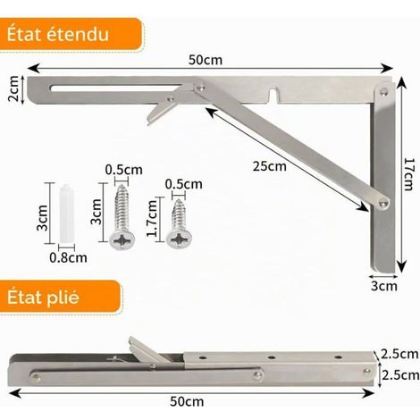 Équerre Pliante - Acier Inoxydable - 50 x 17 cm - Charge 150 kg - Pour Garage Cuisine Atelier - Lot de 2 (1/5)