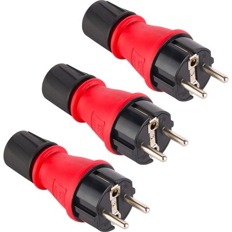 Confezione da 3 Spine Professionali Schuko, Protezione IP54, con Ghiera di Bloccaggio Cavo per Facilitare il Cablaggio, Rosso (1/2)