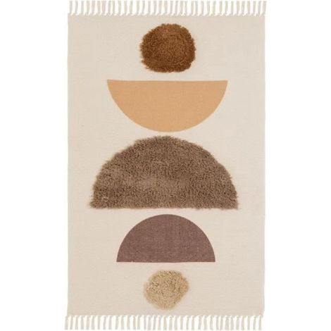 Tapis rectangulaire - JUANIO - À franges avec pompons - Imprimé - 50/50 coton/polyester - Beige-taupe - 180x120 cm (1/3)