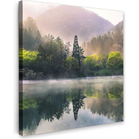 TABLEAU SUR TOILE Nature - Arbres - Montagnes - Lac - Eau Tableau Chambre Adulte 90x90 cm