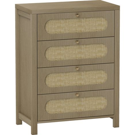 Commode 4 tiroirs, meuble de rangement bohème avec portes en résine tressée, 70 x 38 x 93 cm, aspect bois naturel (1/5)