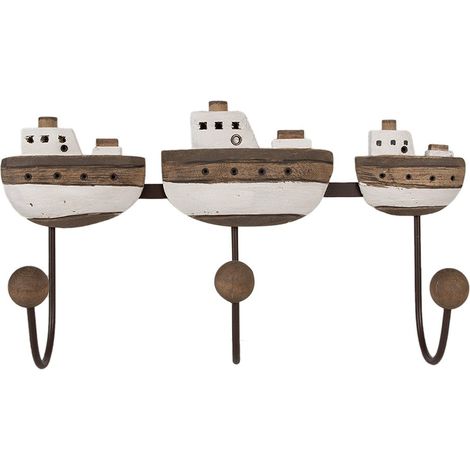Porte-manteau mural 3 crochets style bateau en bois blanc et marron 38 x 10 x 20 cm - PANGIVO
