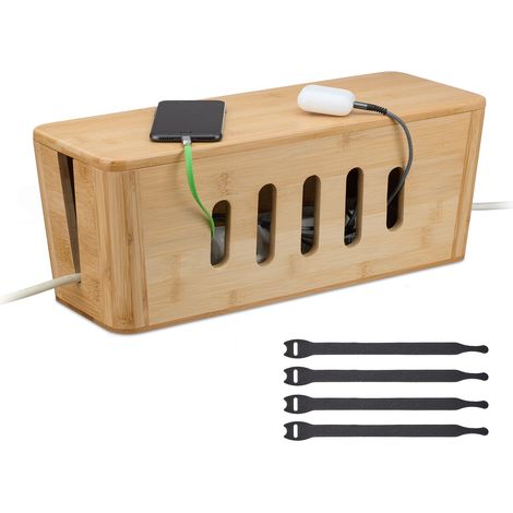 Relaxdays Cable Box, for 2 Socket Strips, Bamboo, HWD: 16.5 x 44 x 16 cm, Hide & Organise Cables, Computer Box, Natural