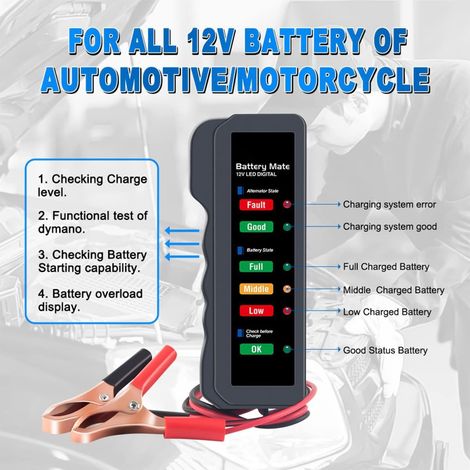 1 pezzo 12V tester batteria auto, tester alternatore automobilistico, controllo batteria, analizzatore per controllo alternatore e sistema di ricarica batteria, indicazione LED (1/4)