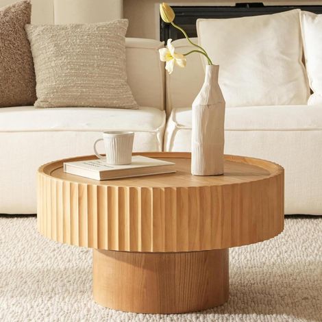 Table basse ronde en bois de pin, forme champignon avec rainures, ø70×38 cm, couleur naturelle, pour salon, chambre et balcon (1/5)