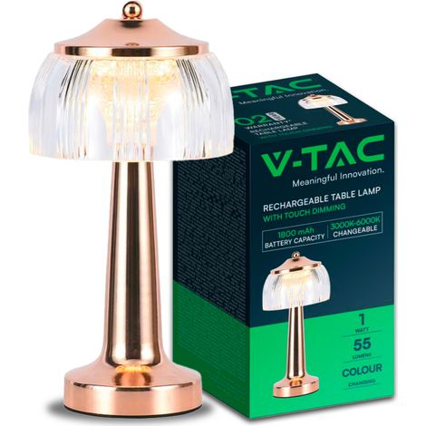 Lámpara de mesa LED V-TAC de 1 W, 13,5 x 26,5 cm, recargable, color dorado, táctil, CCT 3 en 1