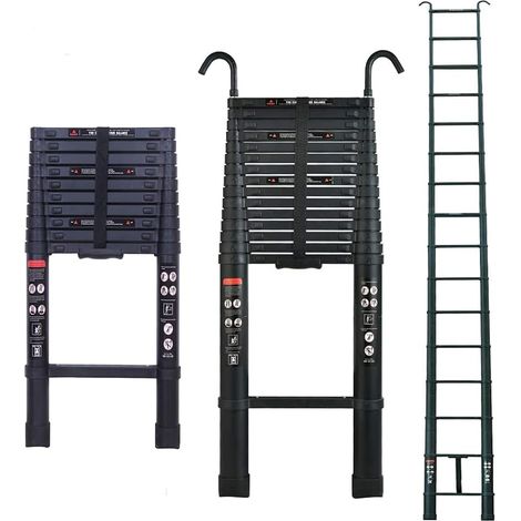 Aluminium Noir Échelles télescopiques 6,2m, Escabeau Telescopique avec Crochets détachable, Échelle sextensible 15 marches, Charge Maximale 150kg, Échelle Pliante compacte pour intérieur ou extérieur