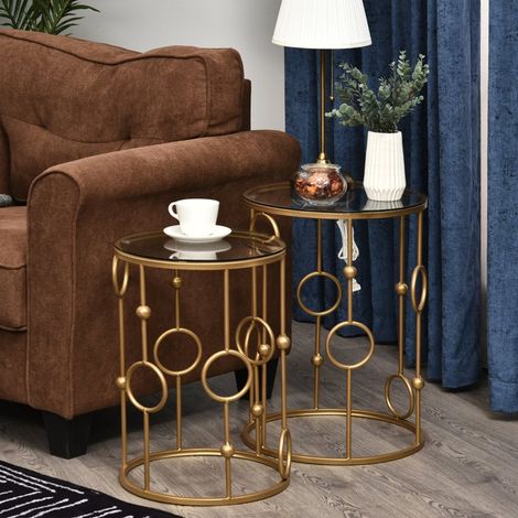 Table basse 2 pièces ø41 x 57 cm avec plateau en verre et pieds dorés, design élégant avec détails ronds pour salon (1/5)