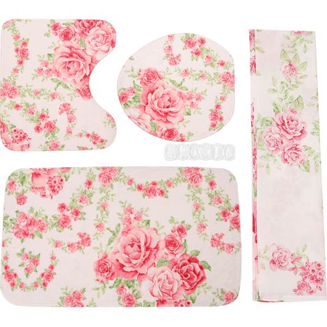 Rideau De Douche - Tapis De Salle De Bain Et Couvre-Réservoir - Motif Rose - Lot De 4 Pièces (1/5)