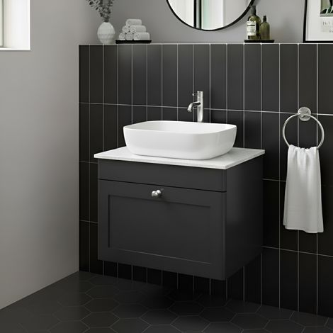 Nuie Classique Wall Hung 1-Drawer Vanity Unit with White Marble Worktop 600mm Wide - Satin Anthracite (1/4)