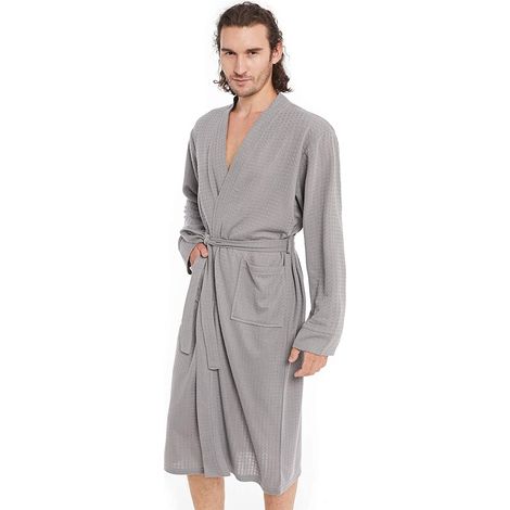 Robe De Bain Homme - Motif Gaufre - 95% Polyester 5% Coton - Longue Manches Longues - Ceinture Ajustable Poche Avant - Taille Unique