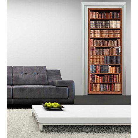 Sticker mural trompe l'oeil bibliothèque ancienne, livres vintage marron, 204 cm X 83 cm (1/3)