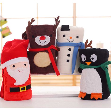 Couverture De Noël - Flanelle Double Face - Motif Pingouin Et Décor Festif - 100 X 80 Cm - Lot De 4 (1/5)