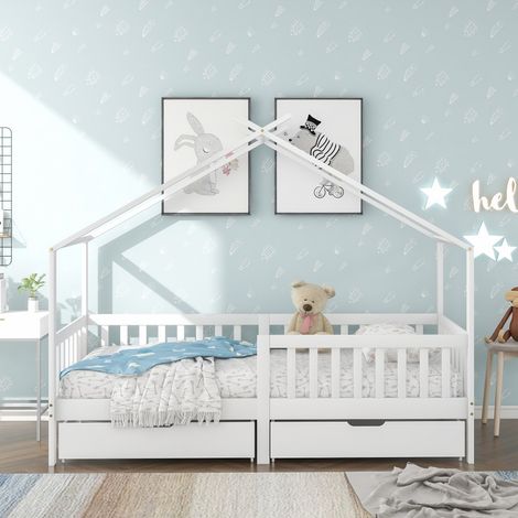 Lit cabane 90x200 cm, lit enfant, avec 2 tiroirs, barrière et sommier à lattes, protection antichute, lit en bois massif, lit maison, lit simple - Blanc (1/5)