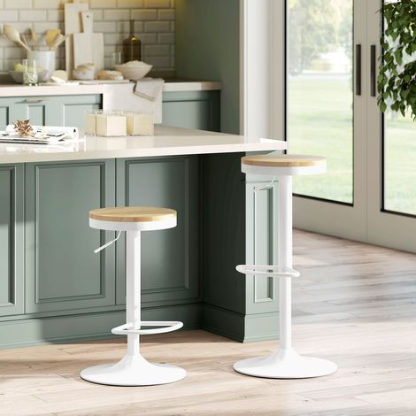 Lot de 2 tabourets naturel blanc de cuisine hauts avec cadre en acier en bois à hauteur réglable et repose-pieds et