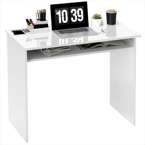 Bureau informatique compact blanc laqué 90 cm avec étagère (1/5)