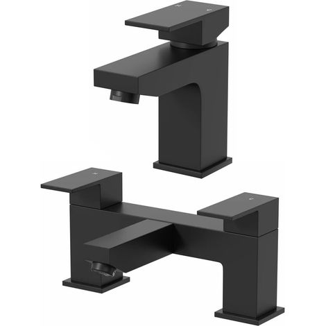 Bathroom Bath Filler & Basin Mixer Tap Set Square Twin Lever Matt Black Modern (1/5)