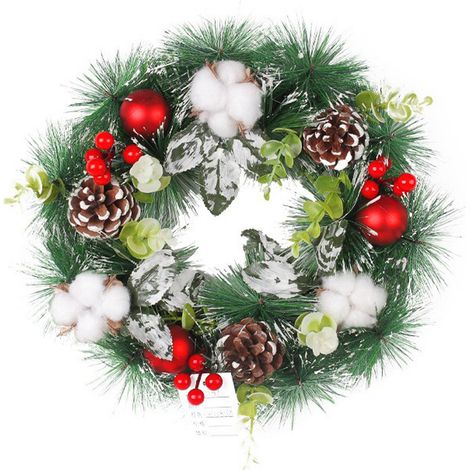 Couronne de Noël artificielle en pommes de pin, décoration de porte, couronne de branches et de vigne, couronne festive en aiguilles de pin et fleurs (feuilles en forme de trident et pommes de pin en (1/2)
