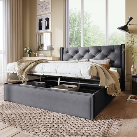 MEUBLIV Lit coffre double rembourré 140 x 200 cm avec tête de lit capitonnée sommier à lattes relevable vérins de levage rangement sous lit coton gris (1/5)