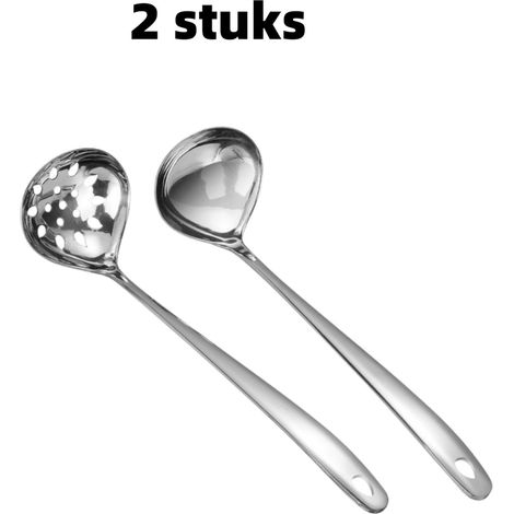 Ensemble 2 pièces - Louche à soupe - Passoire - Acier inoxydable - Louche pour plats chauds - Convient aux ustensiles de cuisine - 27,5 cm x 7,5 cm - Argent (1/5)