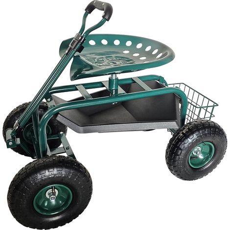 Siège de Jardin Mobile, Hauteur réglable, 150 kg, Rangement, Guidon, Acier, Roues gonflables, Chariot, Vert (1/5)