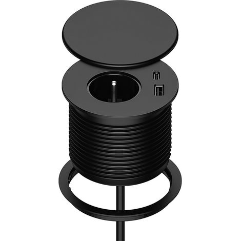 Multiprise Encastrée - 1 Prise Secteur - 1 Port USB-A - 1 Port USB-C - Câble 1,5 M - Diamètre 80 Mm - Pour Bureau Cuisine Meuble - Noir