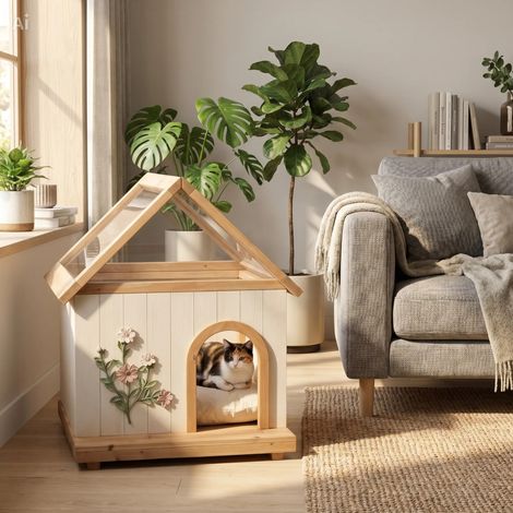 Casa decorativa para gatos de madera con tejado de acrílico, 68 × 55 × 80 cm, blanca, OKWISH (1/5)