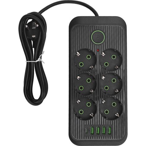 Multiprise 6 voies avec 4 ports USB et 1 port de type C, interrupteur de prise standard européen, câble de 2 mètres (1/5)
