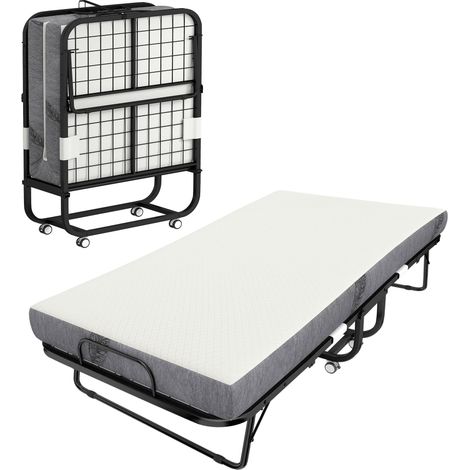 Lit pliant 1 personne 200 x 80 cm avec matelas, lit d'appoint pliable et portable sur roulettes, cadre en acier, blanc (1/5)