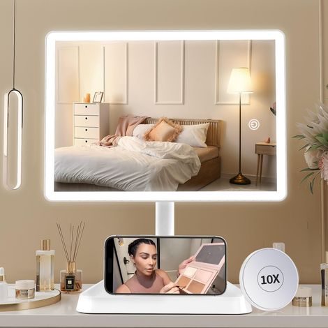 Grand miroir de maquillage éclairé pour vanité avec 96 lumières LED, miroir rechargeable avec batterie lithium (Blanc neige) (1/5)