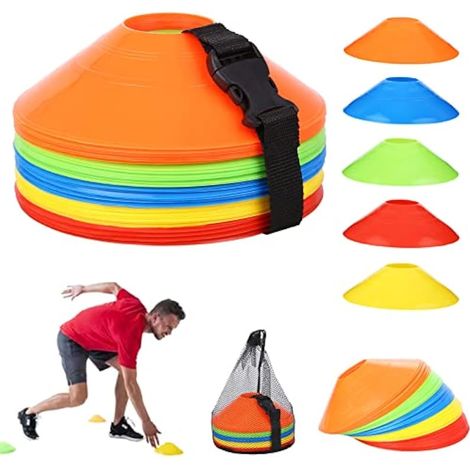 Lot de 50 cônes d'entraînement de football avec sangles à boucle, filet de rangement, cônes de marquage pour terrain, 5 couleurs