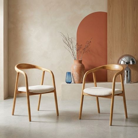Lot de 2 fauteuils bois d'hévéa. assise bouclette vintage - L 55 x P 57 x H 79cm - Sara Naturel / Blanc (1/5)