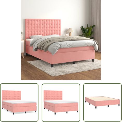 The Living Store Sommier à lattes de lit avec matelas Rose 140x190 cm Velours - Lit Double - Lit Tapissier - Lit Velours - Literie - Chambre À Coucher (1/5)