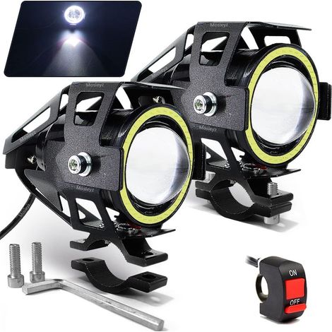 Moto LED Fog Lights U7 Spotlight Lumières de jour avec yeux d'ange Halo Bague et interrupteur 2-Sets, blanc