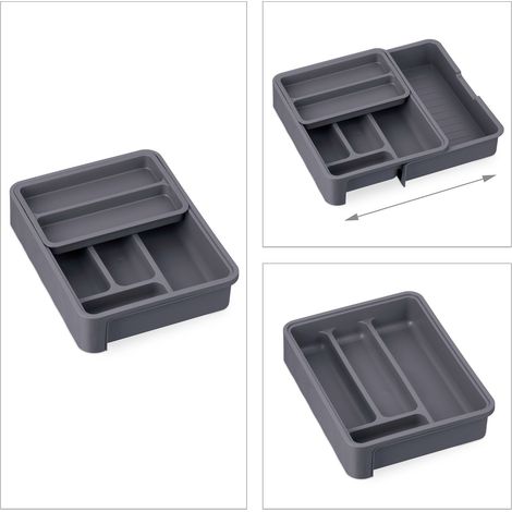 Cubitera extensible para cajón de cocina de 6,5 x 23,5 x 31,5 cm con compartimentos extraíbles de plástico gris oscuro 130013321 (1/4)