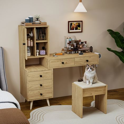 Tavolino trucco 84/40/120 cm in effetto legno naturale con specchio estraibile, 5 cassetti e sgabello beige (1/5)
