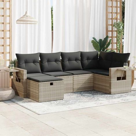 6-tlg. Garten-Sofagarnitur mit Kissen Hellgrau Poly Rattan (1/5)