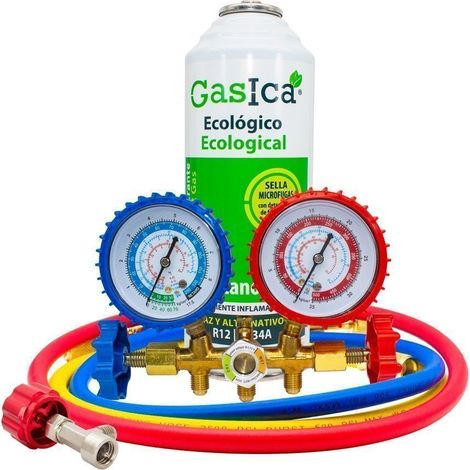 Pack Botellas Gas refrigerante orgánico Gasica D2 Sustituto R12/R134a más Kit Mangueras con manómetro recarga aire acondicionado