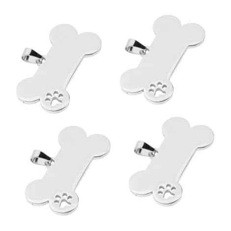 Lot de 4 médailles d'identification pour animaux de compagnie en forme d'os, en acier inoxydable argenté, légères et décoratives, style mignon, pour chien et chat. (1/5)