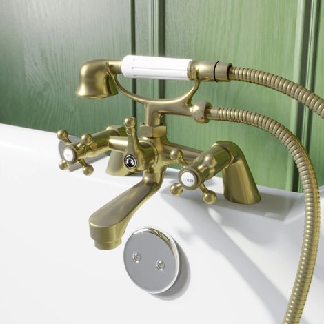 Oxford Bath Shower Mixer Tap Handset Hose Traditional Cross Handle Brushed Brass (1/5)