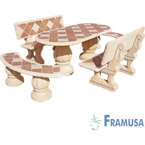 CONJUNTO COMEDOR PIEDRA OVALADO JARDIN FRESNO GRES CON AZULEJOS OCRE