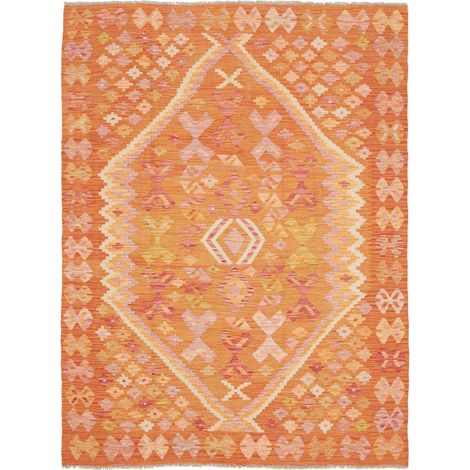 Tapis kilim 134 x 181 cm, motif ethnique, orange, jaune et rose, en laine naturelle, tissé à plat artisanal (1/5)