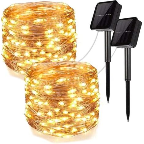 Guirnalda de luces solares: 12 m (39,4 pies) - 100 LED - Cable de cobre - Paquete de 2 - 8 modos de iluminación - Resistente al agua - Ideal para decorar patios, jardines, bodas o fiestas - Luz blanca (1/5)