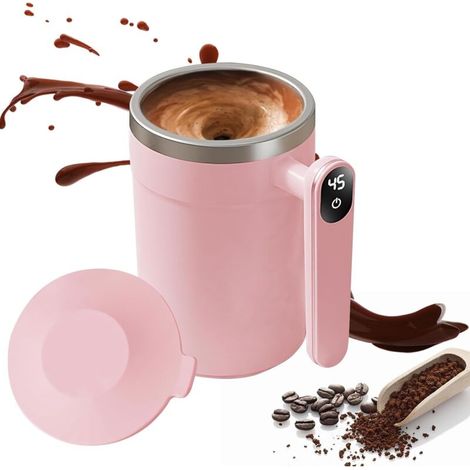 Taza con agitación automática, taza magnética automática de 400 ml con indicador de temperatura, taza magnética de acero inoxidable con agitación automática para café, leche, chocolate caliente y té. (1/4)