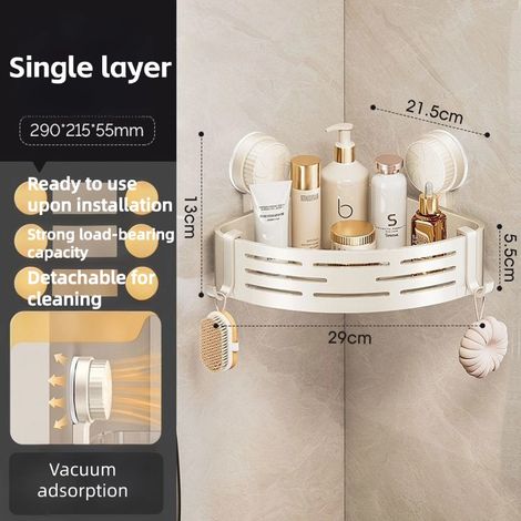 Support Angulaire Douche à Ventouses Murale - Étagère Baignoire Antirouille avec Crochets Sans Perçage, Blanc Crème Élément Essentiel (1/5)